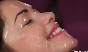 Horny looker gets jizz load on her face gulping all the sperm