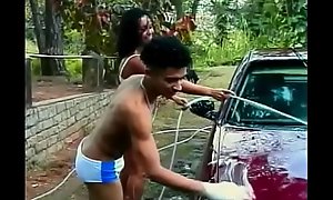 Car washing turned for juicy Brazilian floozie Sandra into nasty  double-barreled threesome outdoor action