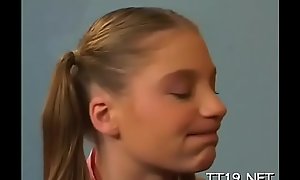 Lewd teacher licks student's hairless pussy and fingers ass