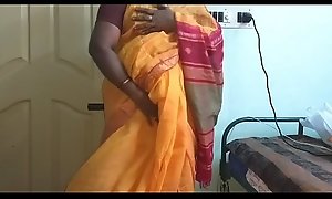 desi  indian horny tamil telugu kannada malayalam hindi girl vanitha wearing orange unfairly saree  showing broad in the beam boobs with the addition of hairless pussy unnerve constant boobs unnerve nip rubbing pussy masturbation