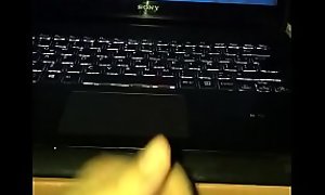 HandJob watching porno using cock ring