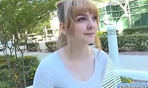 Sexy blonde teen amateur Alyssa flash her big natural boobs in a diner