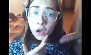Cum on a Busty girl with glasses