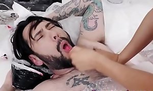 Tattooed femdom emo teen rides cock